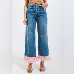 Q2 high rise wide leg Jeans with Pink Feathers
